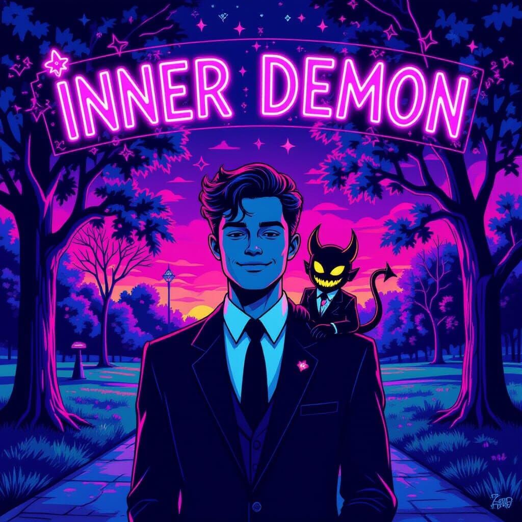 Man with Inner Demon in Retro-Futuristic Style