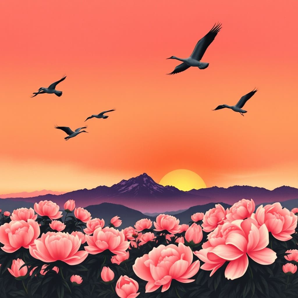 Cranes Soar Above Vibrant Twilight Landscape in Japanese-Ins...