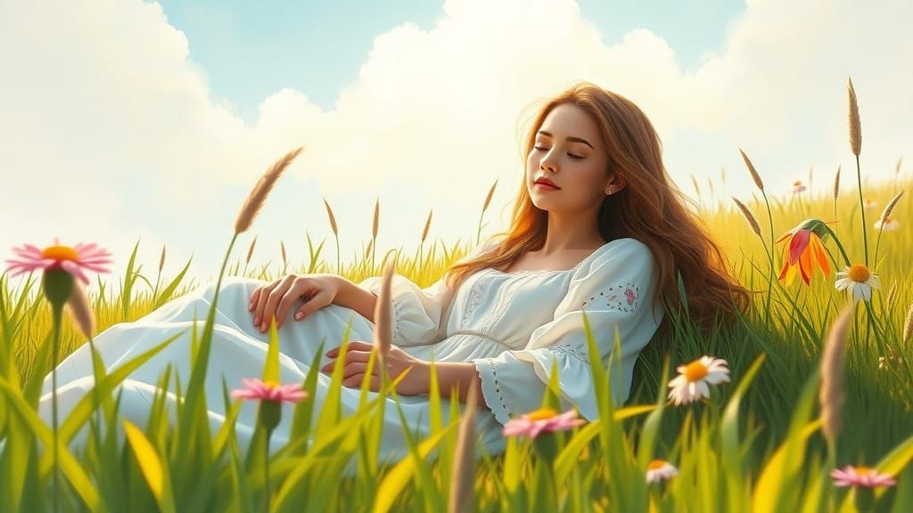 Dreamy Goddess Reclines in Elysian Meadow