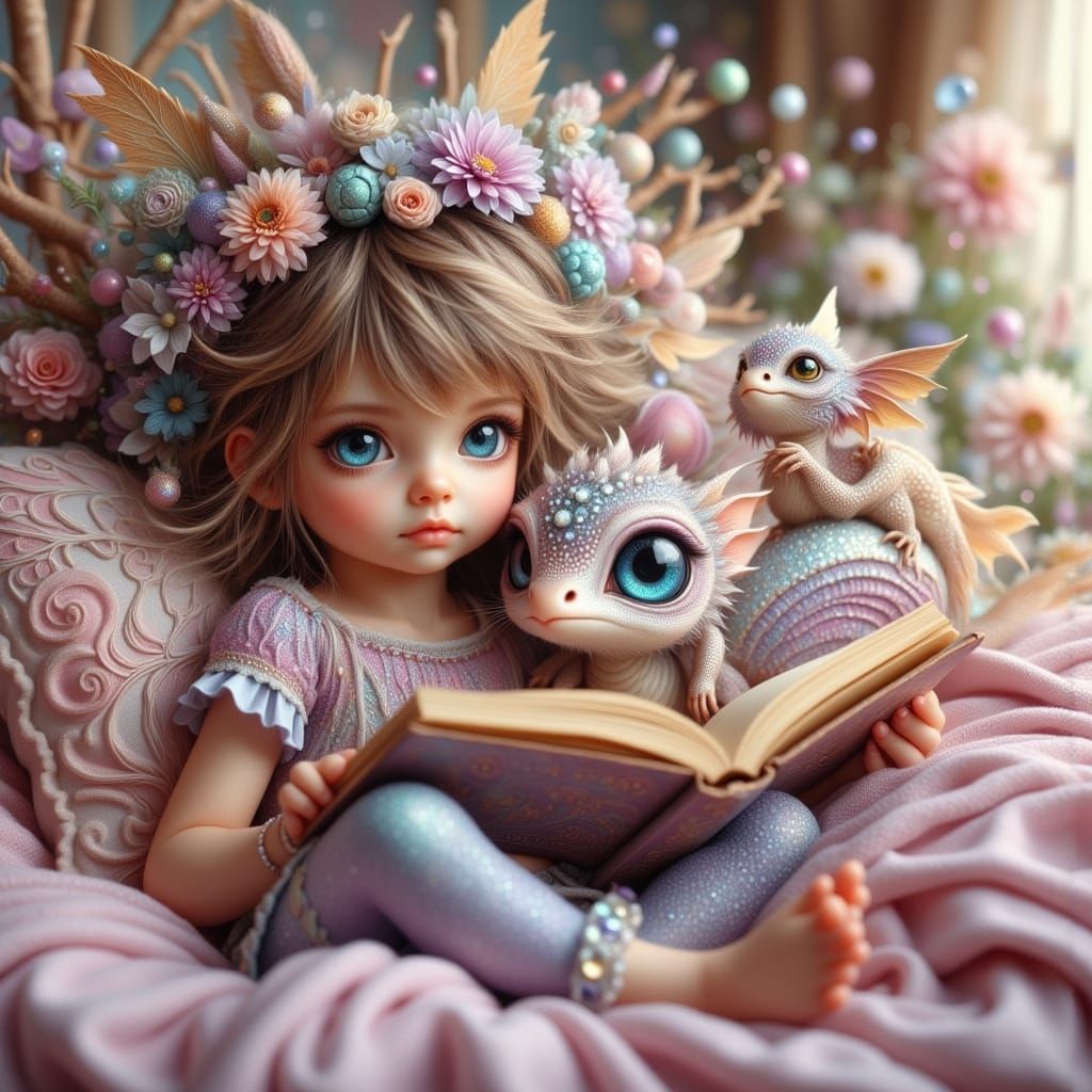 Girl Reading with Dragons: Hyperrealistic Ethereal Art