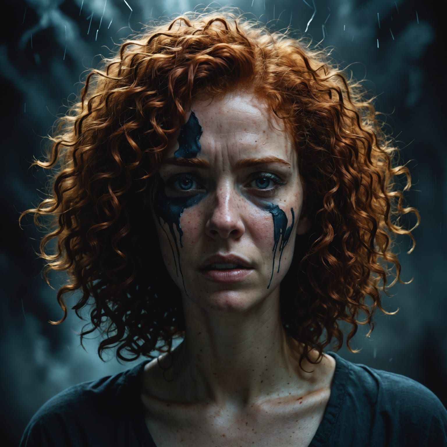 Tormented Red-Haired Woman in a Dark, Abstract World