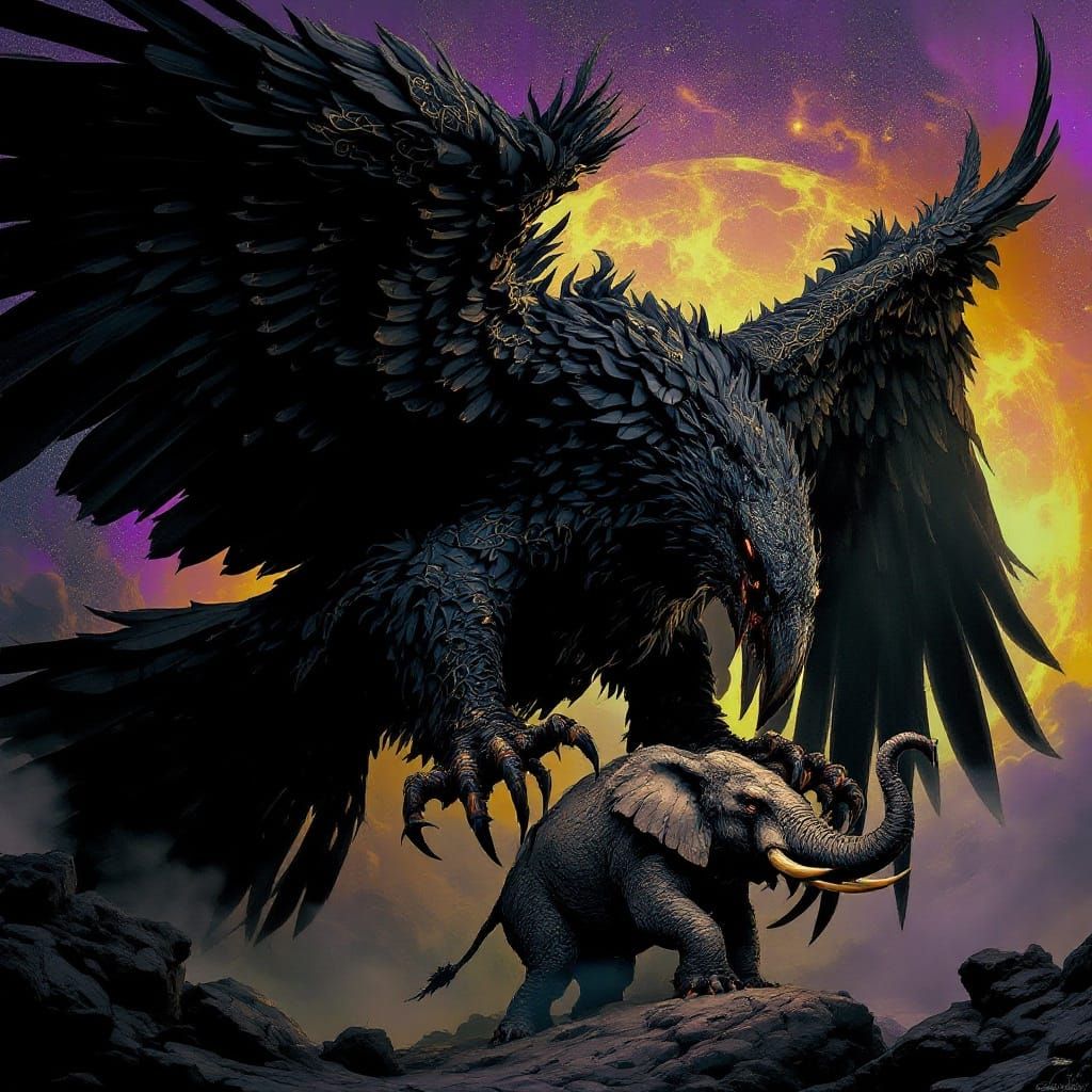Majestic Roc Grips Elephant in Dark Fantasy Landscape
