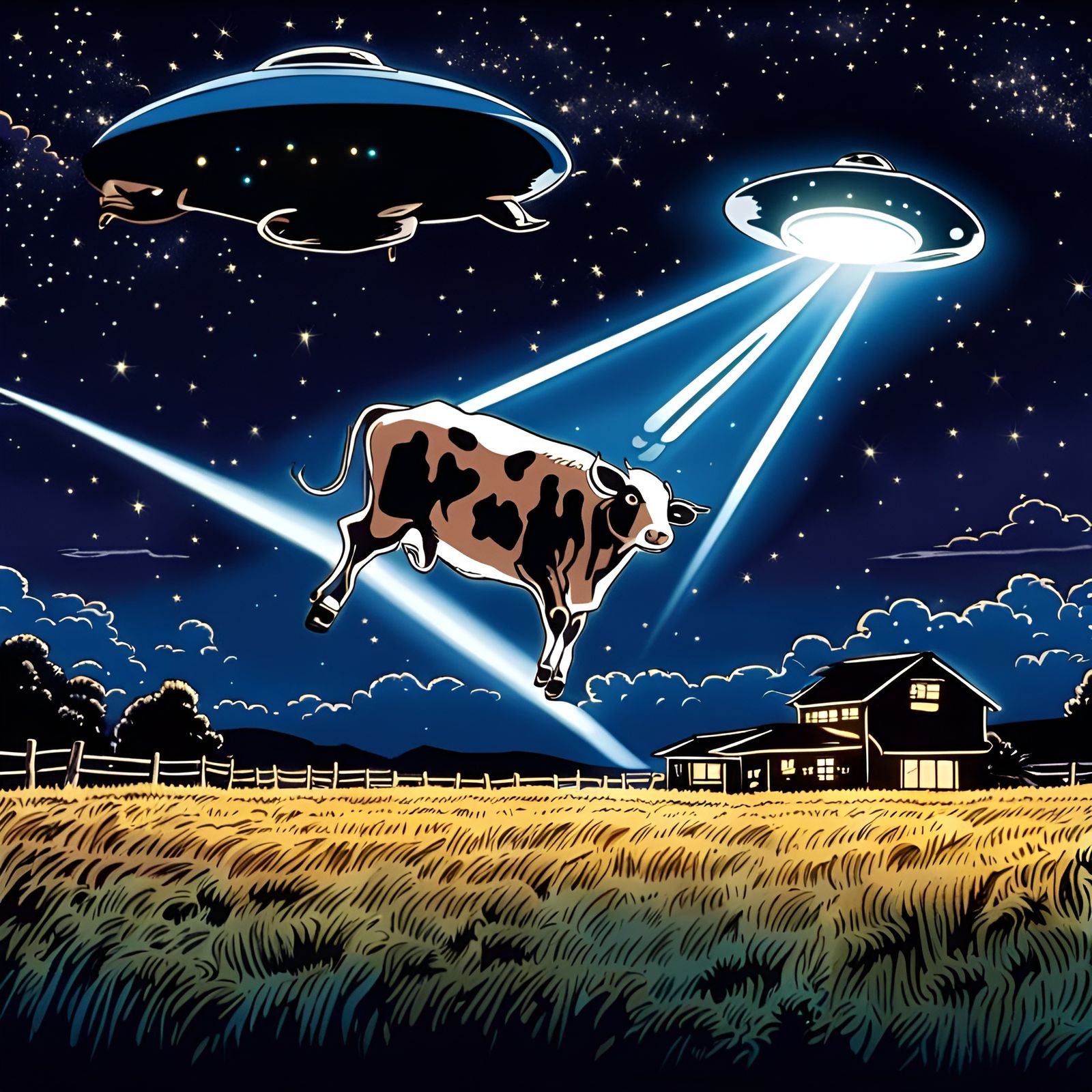UFO Abduction of Cow in Anime Style