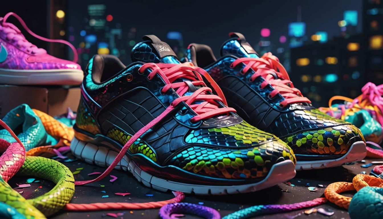 Neon Python's Sneaker Pile: 3D Rendering