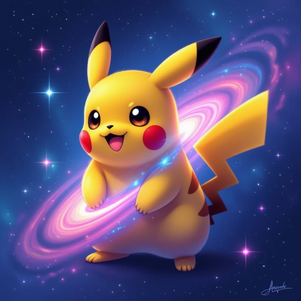 Cosmic Pikachu Digital Painting with Galaxy Swirls