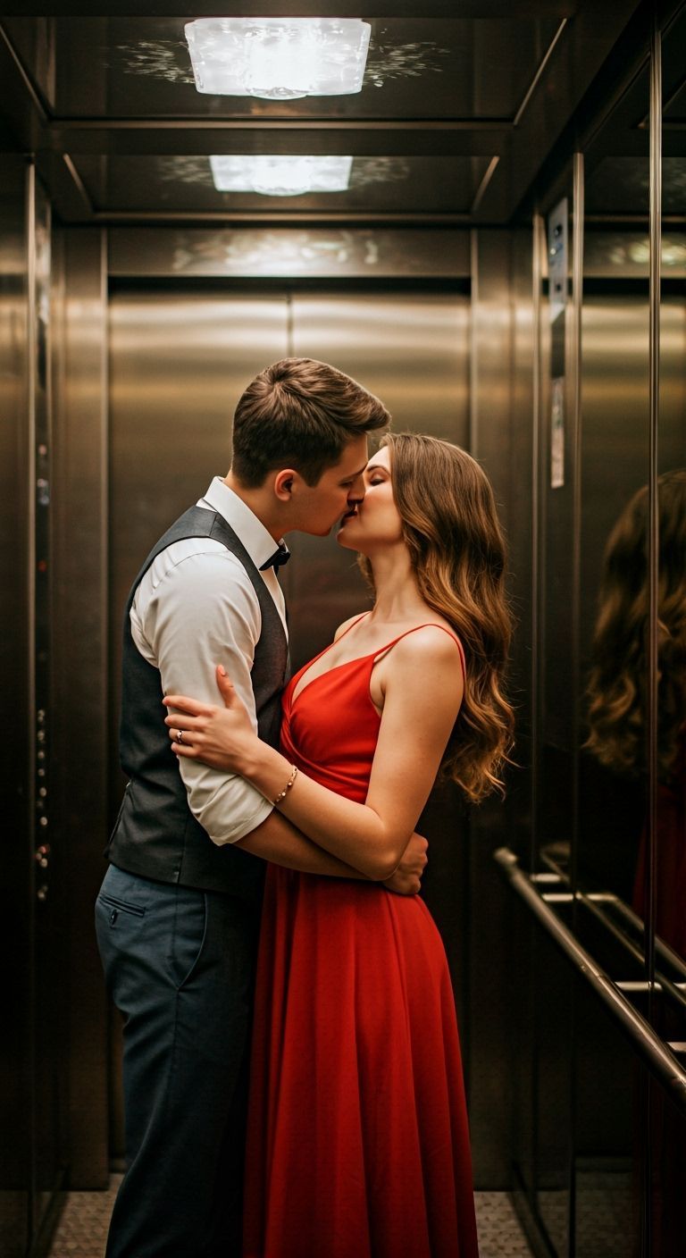 Romantic Elevator Scene: Couple in Red Dress