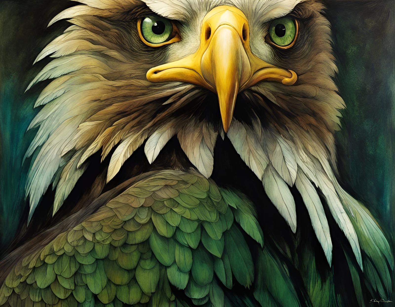 Green-Eyed Bald Eagle Portrait in Ethereal Sci-Fi Style