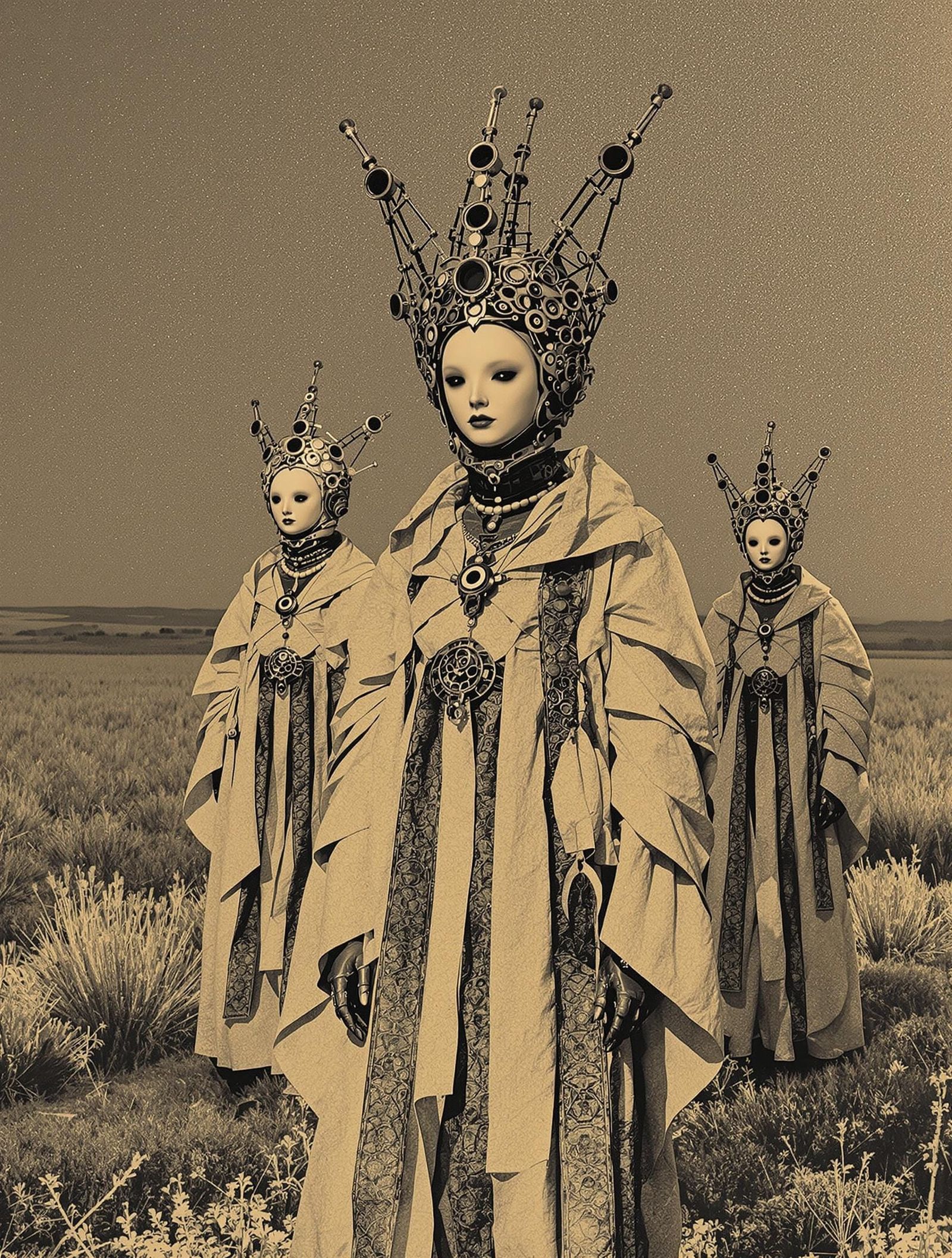 Cinematic Dystopian Robot Cult in Dark Hues