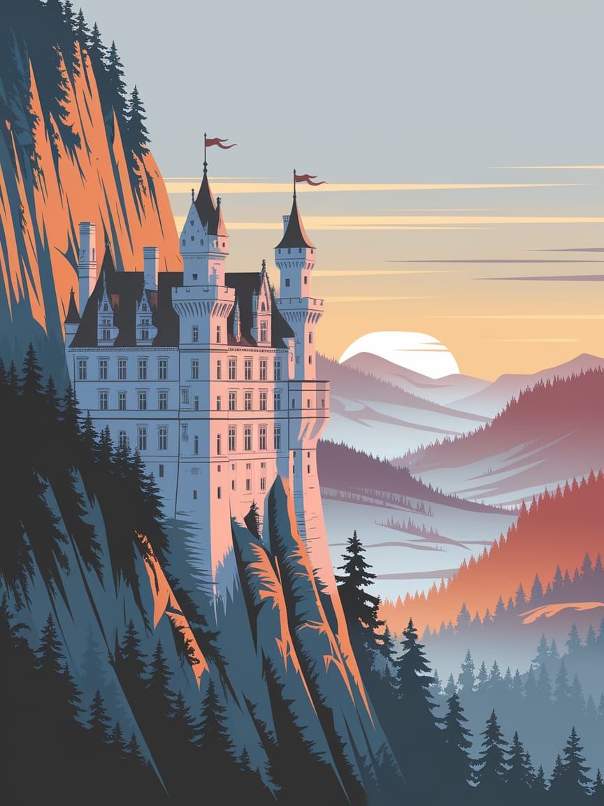 Majestic Castle at Dawn in Mountain Setting
