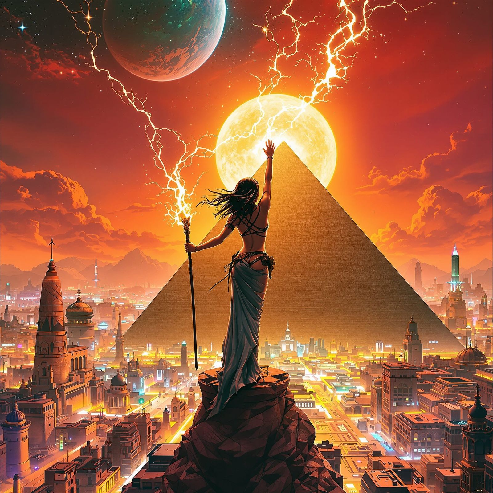 Rebellious Woman with Magic Staff in Synthwave City