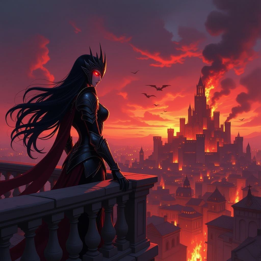 Dark Queen Overlooking Burning Citadel in Obsidian Armor
