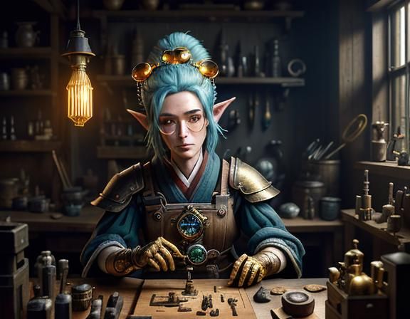 Gnome at Workbench with Automata: Digital Matte Painting