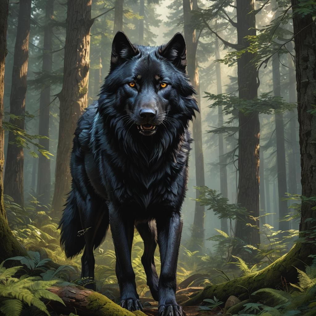 Black Wolf Carries Earth: Hyperdetailed Forest Portrait