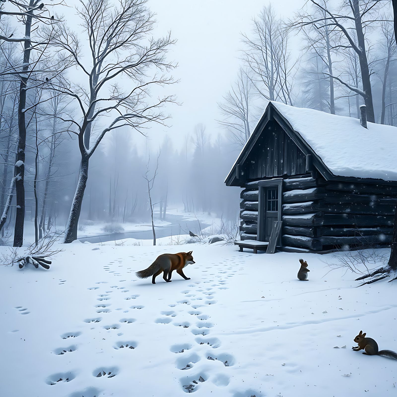 Fantastical Winter Wonderland Abandoned Cabin Scene with Ani...