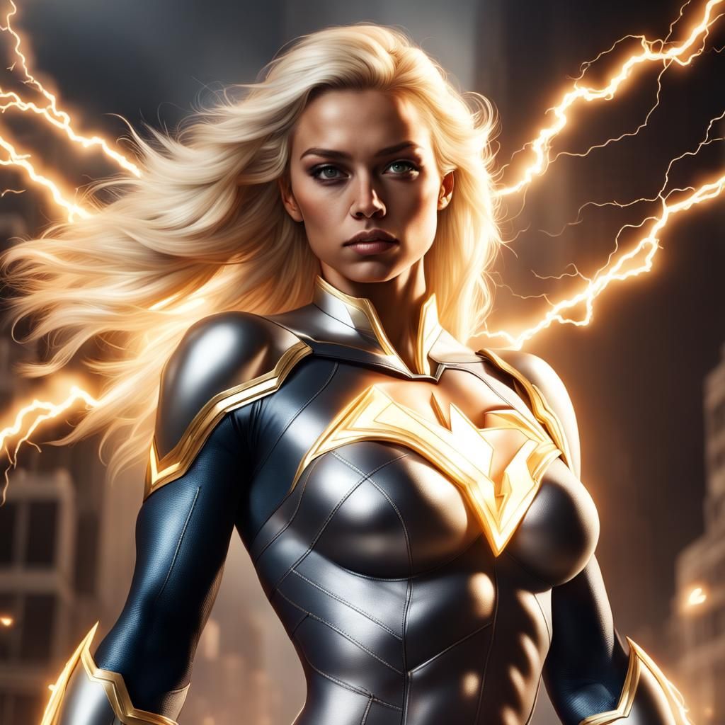 realist, stunning detailed, female superhero blonde full body electricity around her body storm look magical majestic