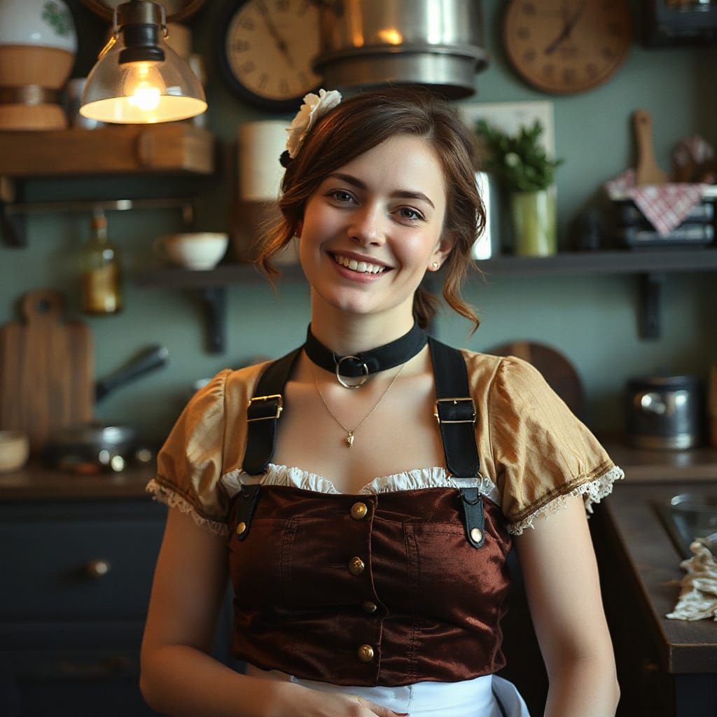 Steampunk Tradwife in Cinematic Kitchen Setting