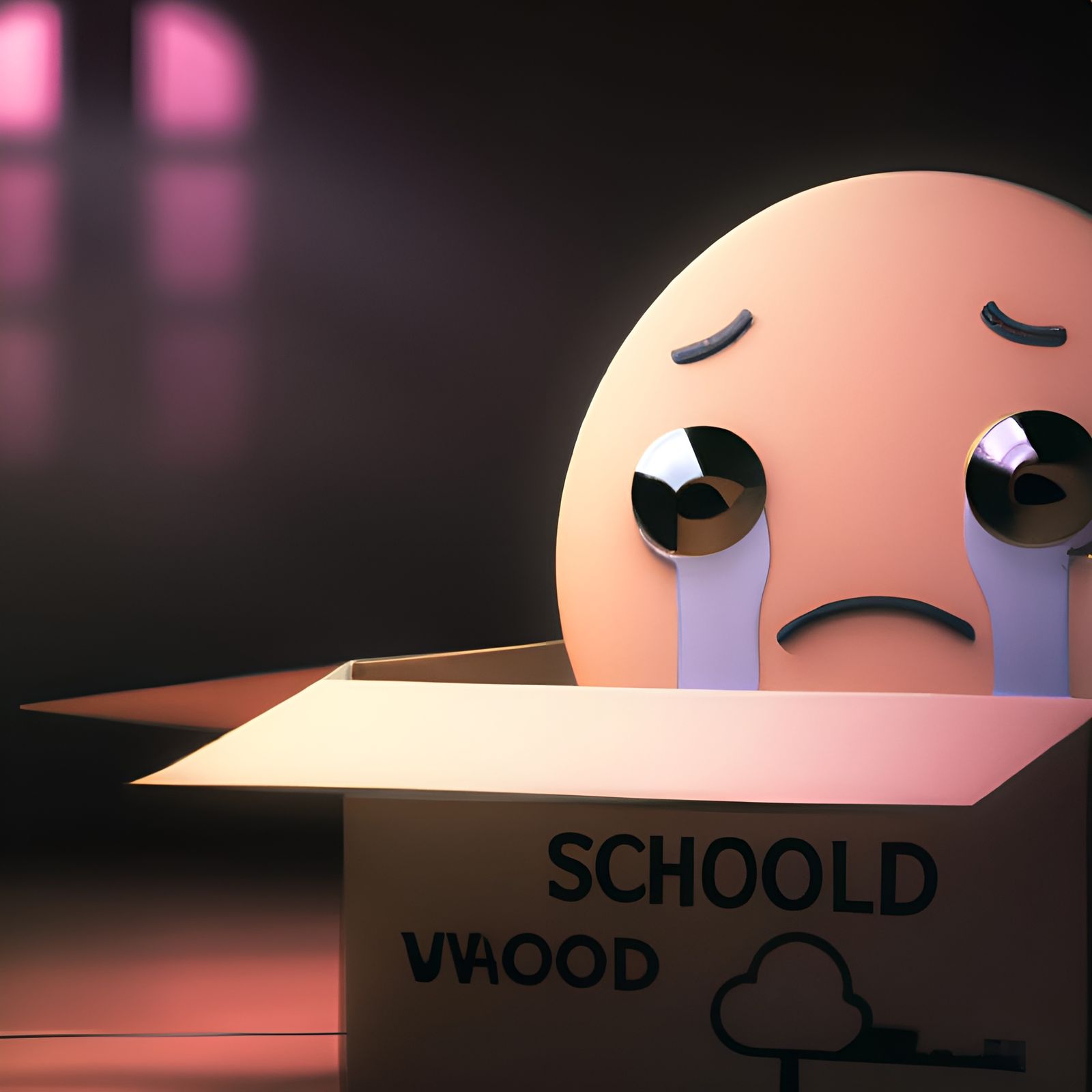 Sad Emoji in Cardboard Box: 3D Concept Art