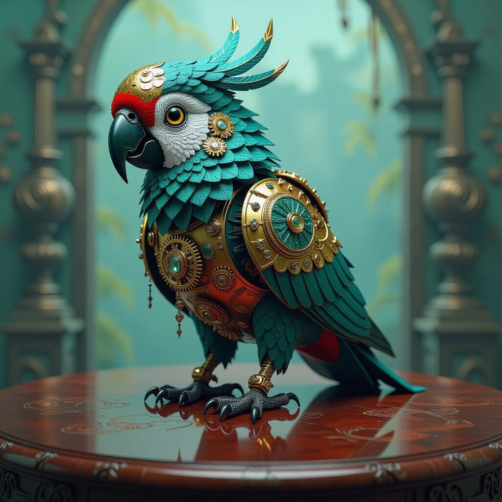 Intricate Clockwork Parrot Automaton with Jeweled Eyes