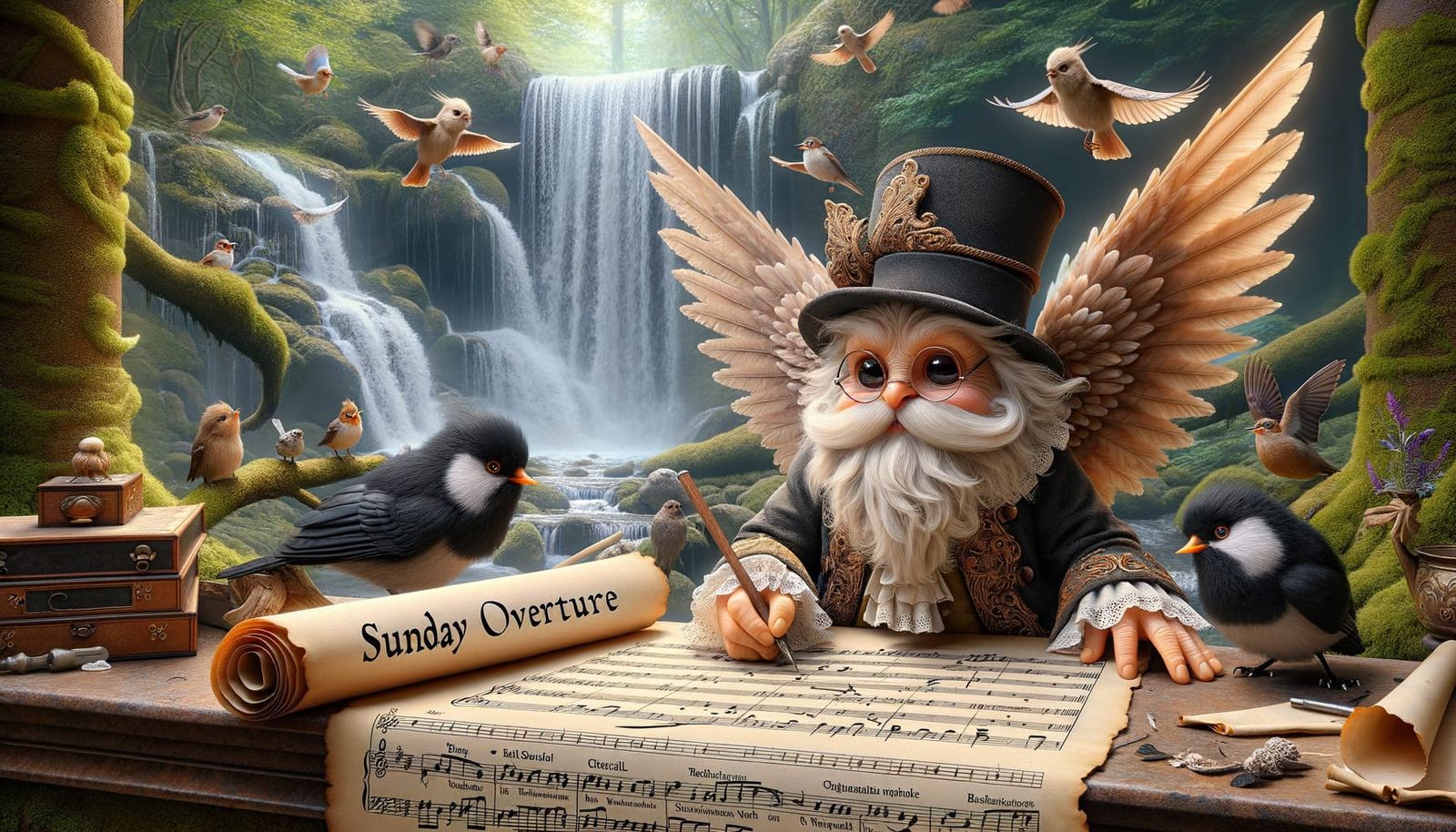 Winged Fairy Composing Music in Forest Atelier