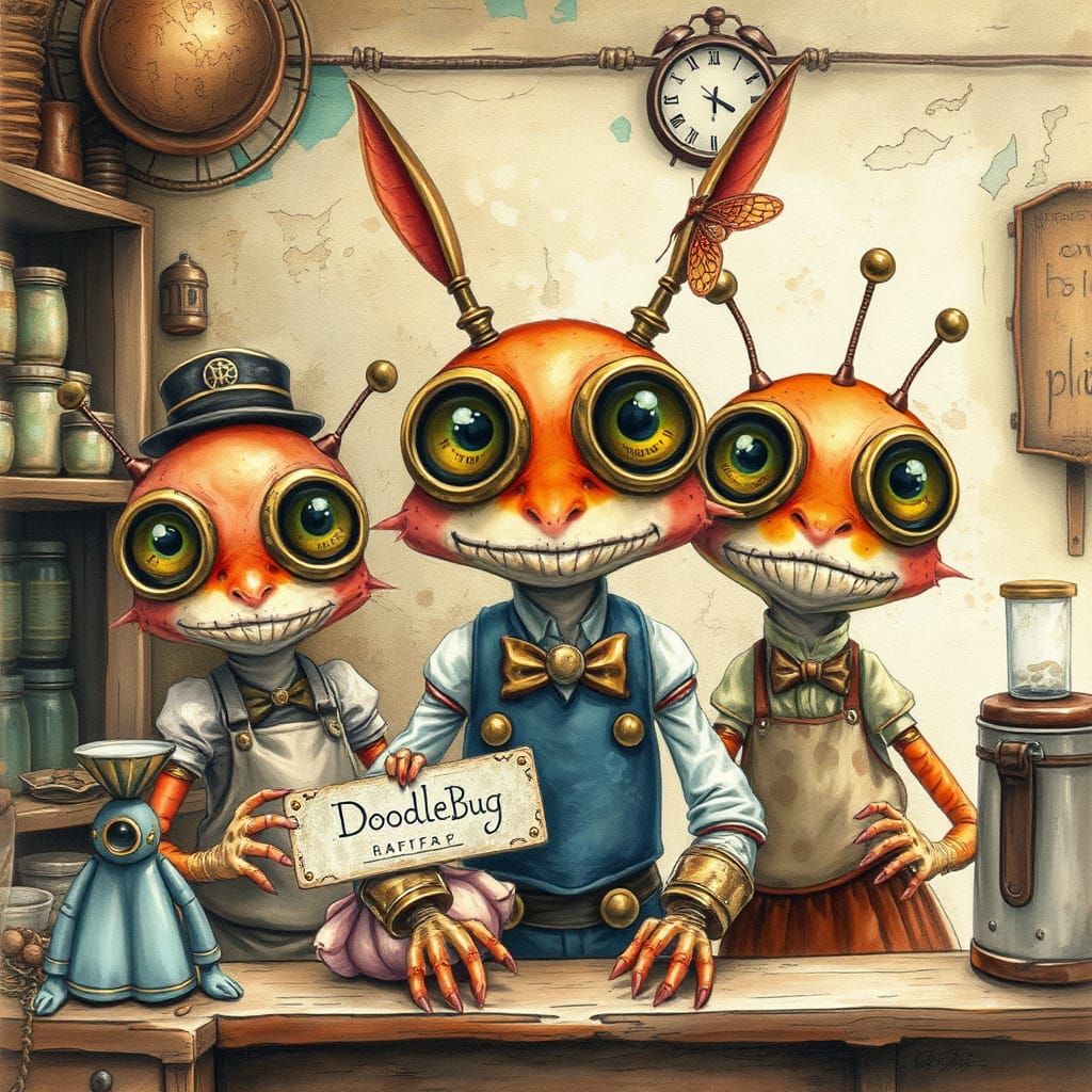 Steampunk Doodlebug Baristas in Vintage Coffee Shop