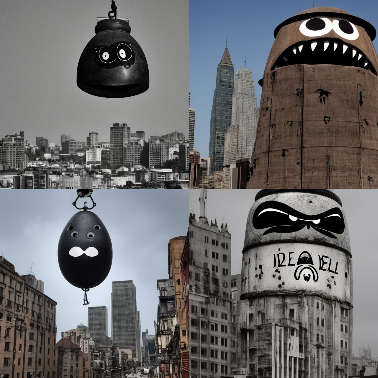 Giant Death Bell Over City: Surreal AI Art