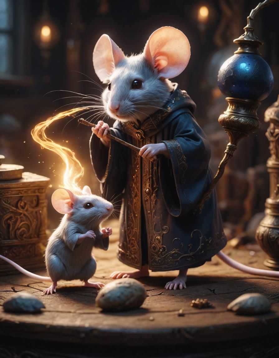 Two mice wizards, one big, one small, learning to cast spell, dark, moody, enchanting ✨ meaningful art masterpiece
