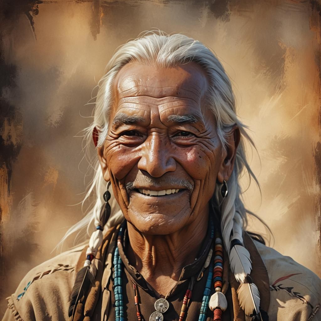 Warmly Smiling Native American Man Portrait in Digital Art