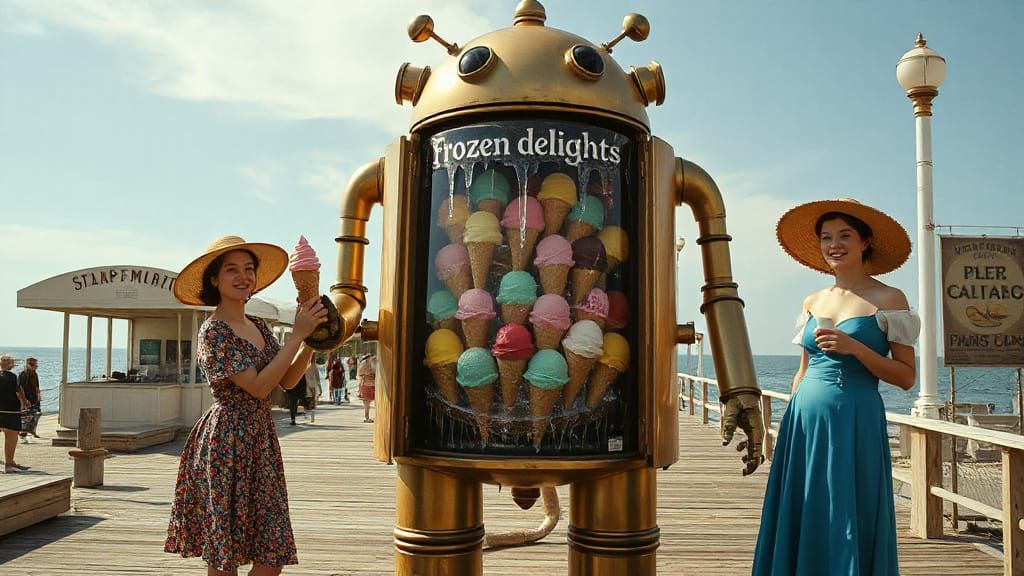 Victorian Women Buy Ice Cream from Robot, Cinematic Style