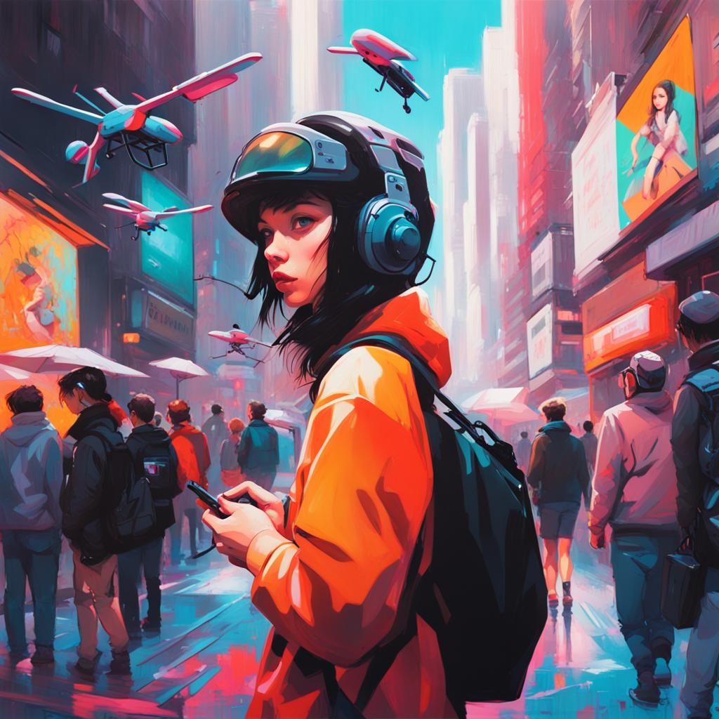 Busy Cyberpunk High Street with Graffiti Art