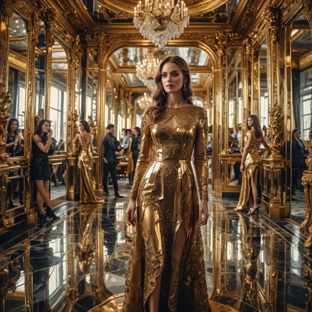 Golden Dress in a Mirrored Room: Hyperrealistic Image
