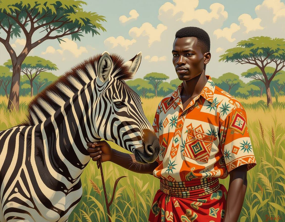 African Man and Zebra in Impressionist Style