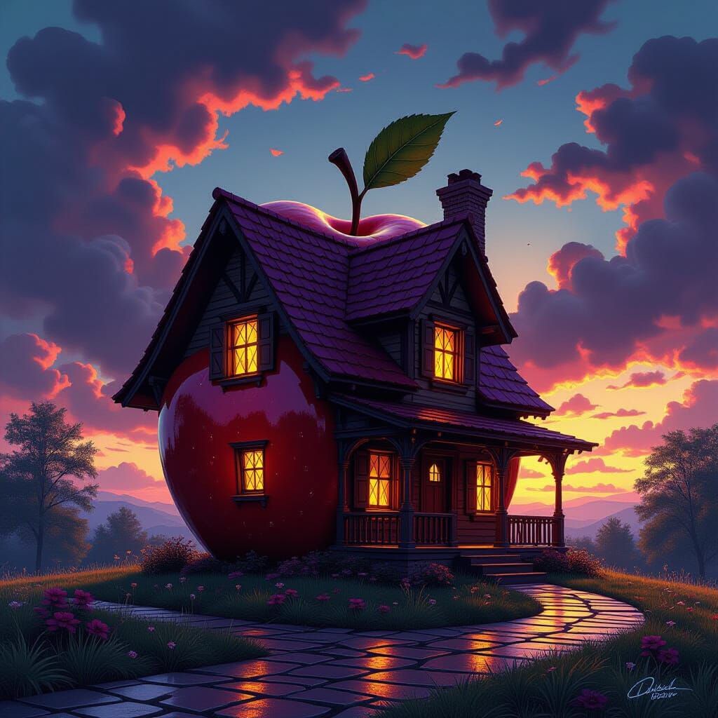 Apple House in Dark Fantasy Alcohol Ink Style