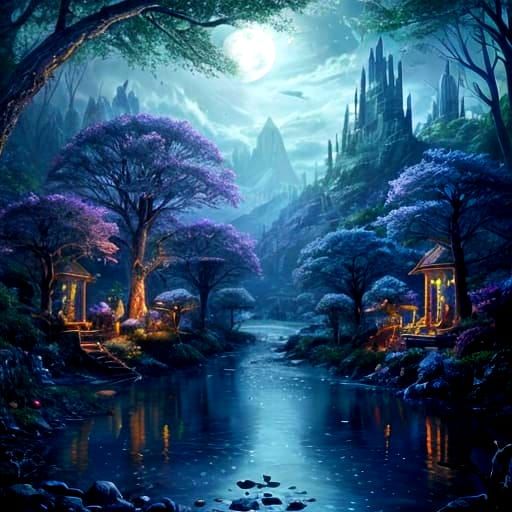 Elven City in Forest Seaside Moonscape: Fantasy Art