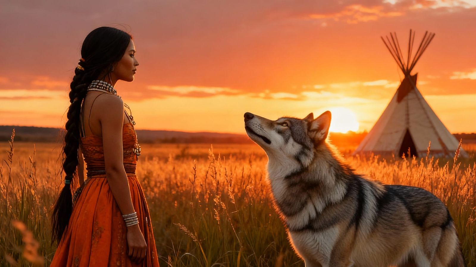 Person and Wolf in Native American Background