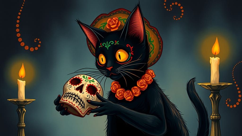 Calavera Cat Batting Sugar Skull in Burtonesque Style