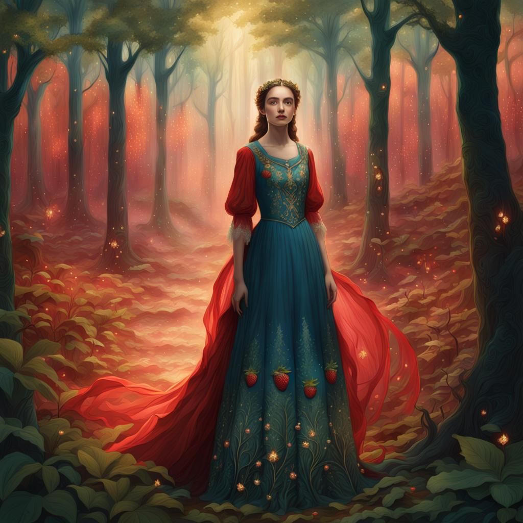 Strawberry Red Dress in Mystical Forest: Fantasy Art