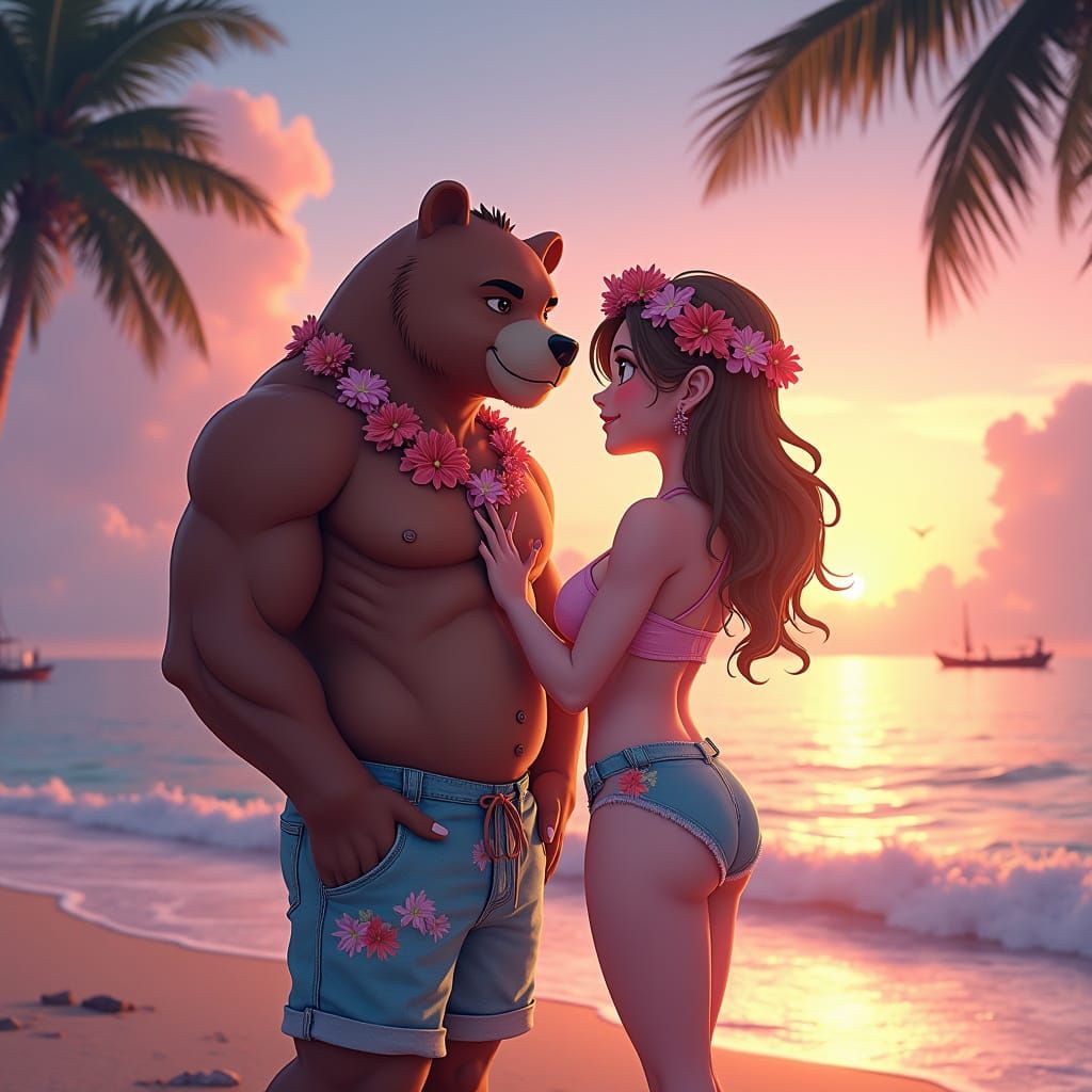 Tender Caribbean Sunset Scene with a Muscular Bear in Hawaii...