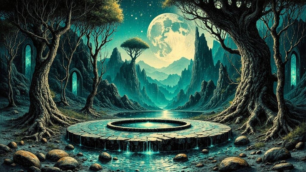 Mystical Well in Haunted Forest, Moebius Style