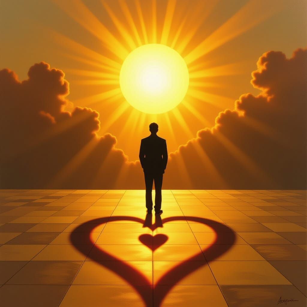 Solitary Figure with Glowing Heart Shadow in Surreal Oil Pai...