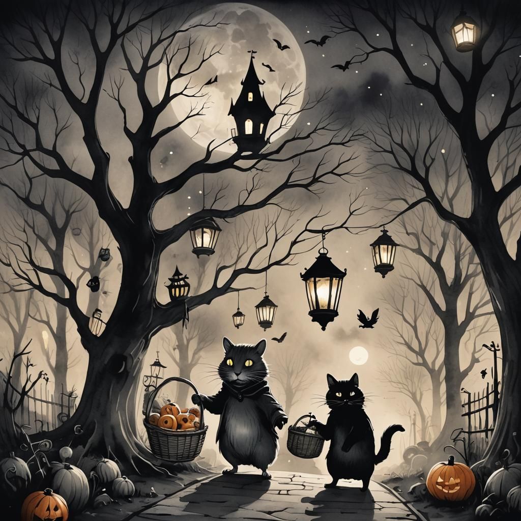 Halloween Hamster and Cat in Dark Whimsical Illustration