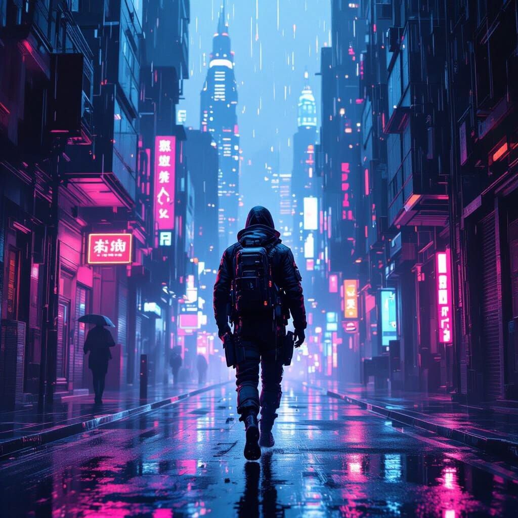 Cyberpunk Runner in Neon Alleyway