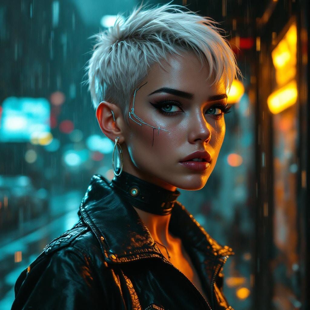 Cyberpunk Woman in Rainy Alley with Neon Lighting