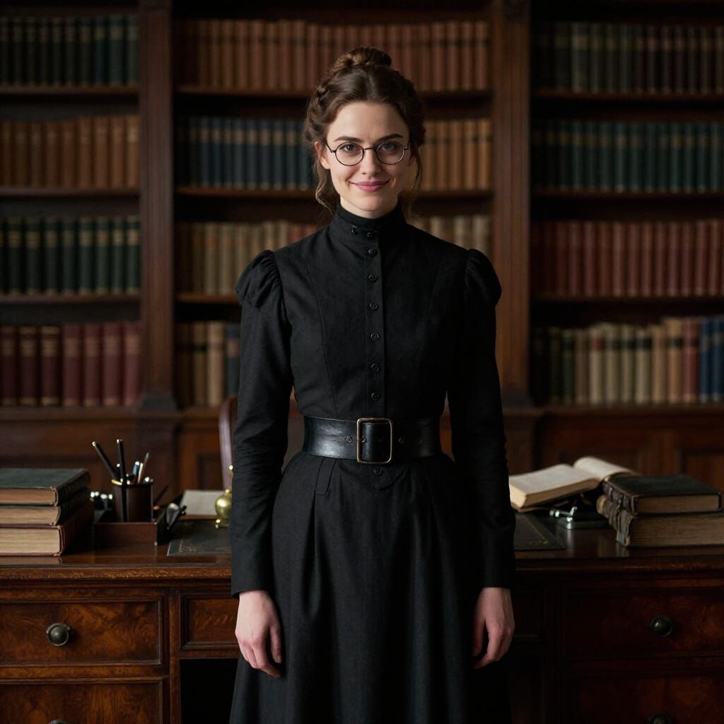 Victorian Governess in Book-Lined Study