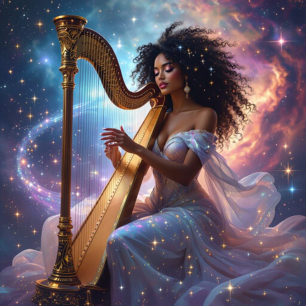Afro-Latina Goddess Plays Star Harp in Galaxy