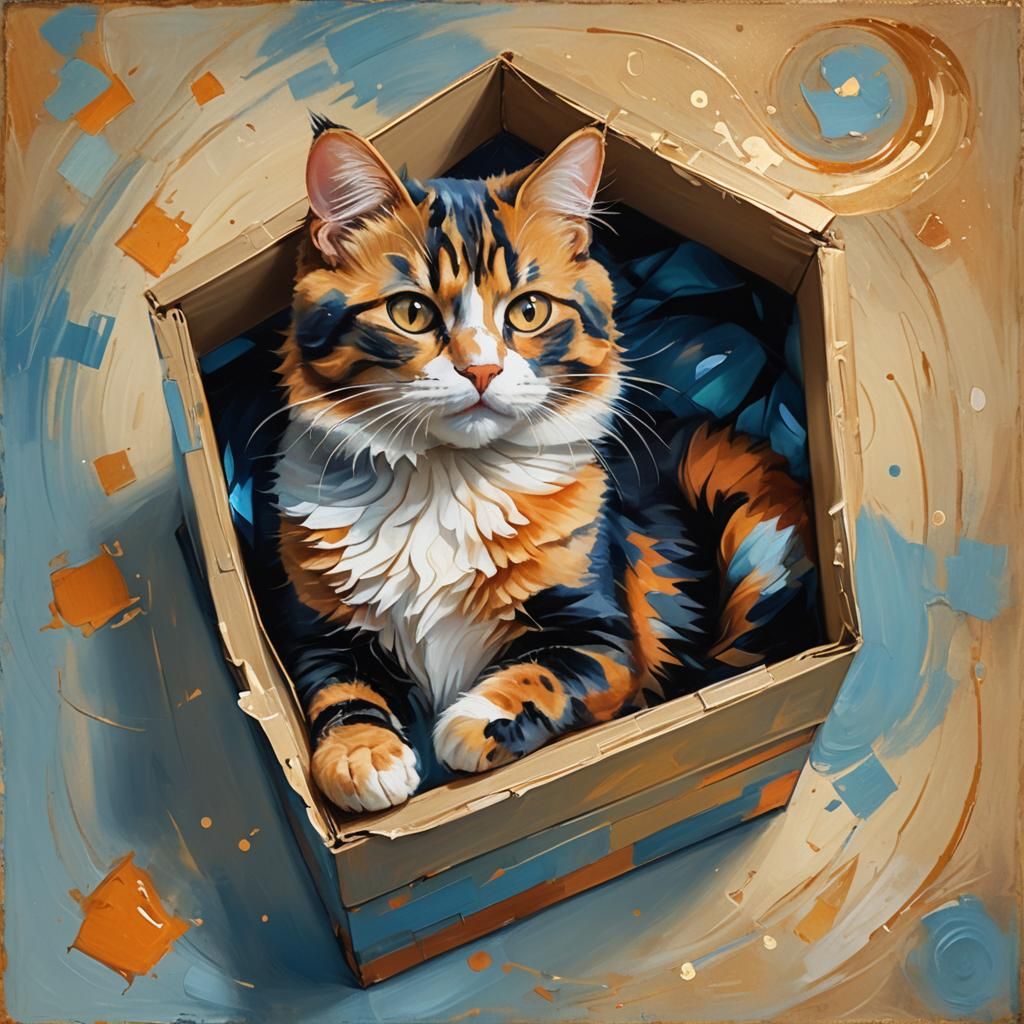 Calico Cat Curled in Box: Fantasy Oil Painting