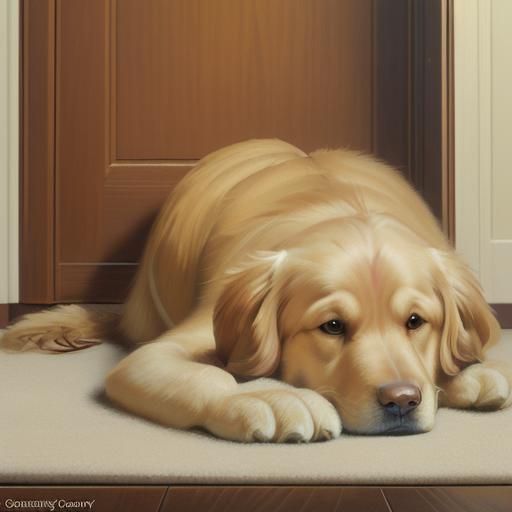 Loyal Golden Retriever Waiting, Oil Painting