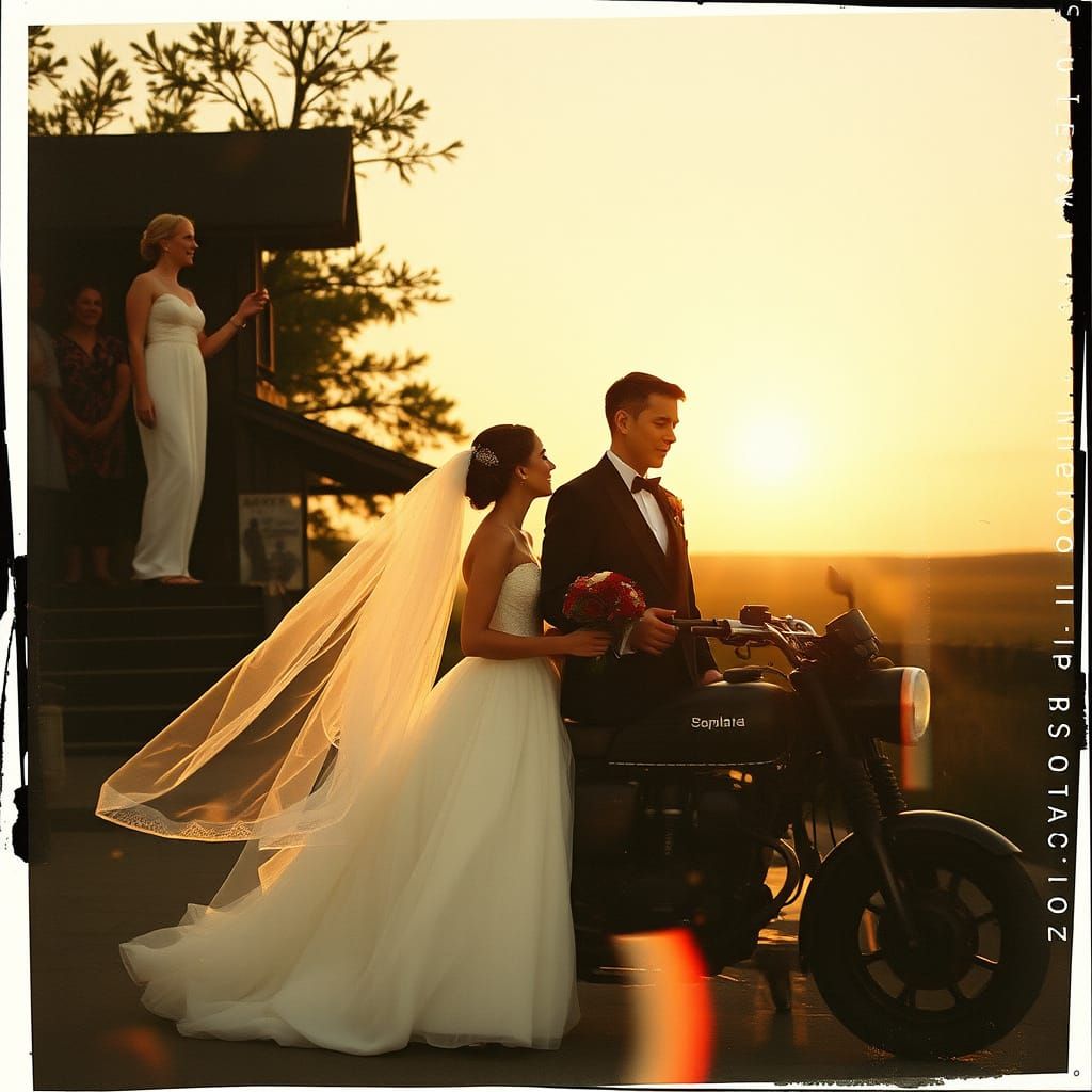 Vintage Wedding Photo Collage with Golden Hour and Glitch Ac...