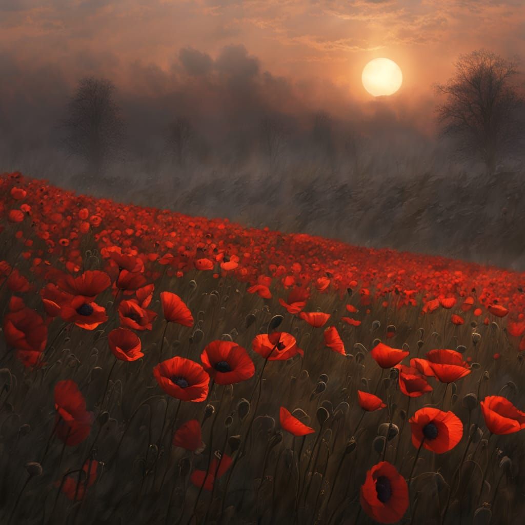 Poppies Bloom in Misty Sunrise Over Flanders Fields
