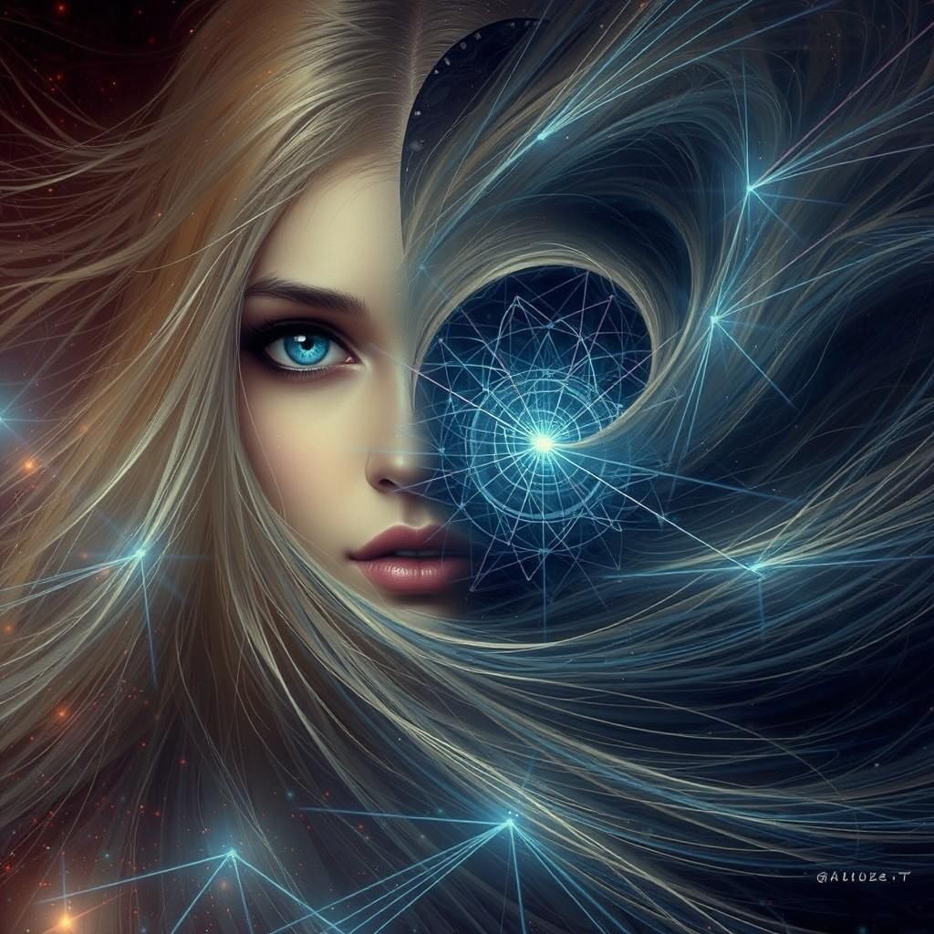 Surreal beauty with flowing blond hair, blue shiny  eyes int...