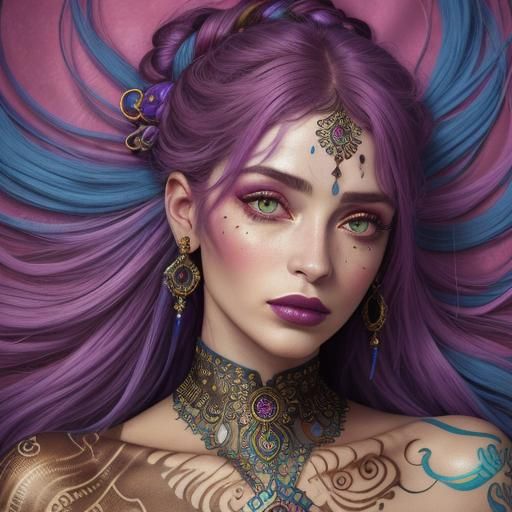 Woman with Colorful Hair and Henna Tattoos